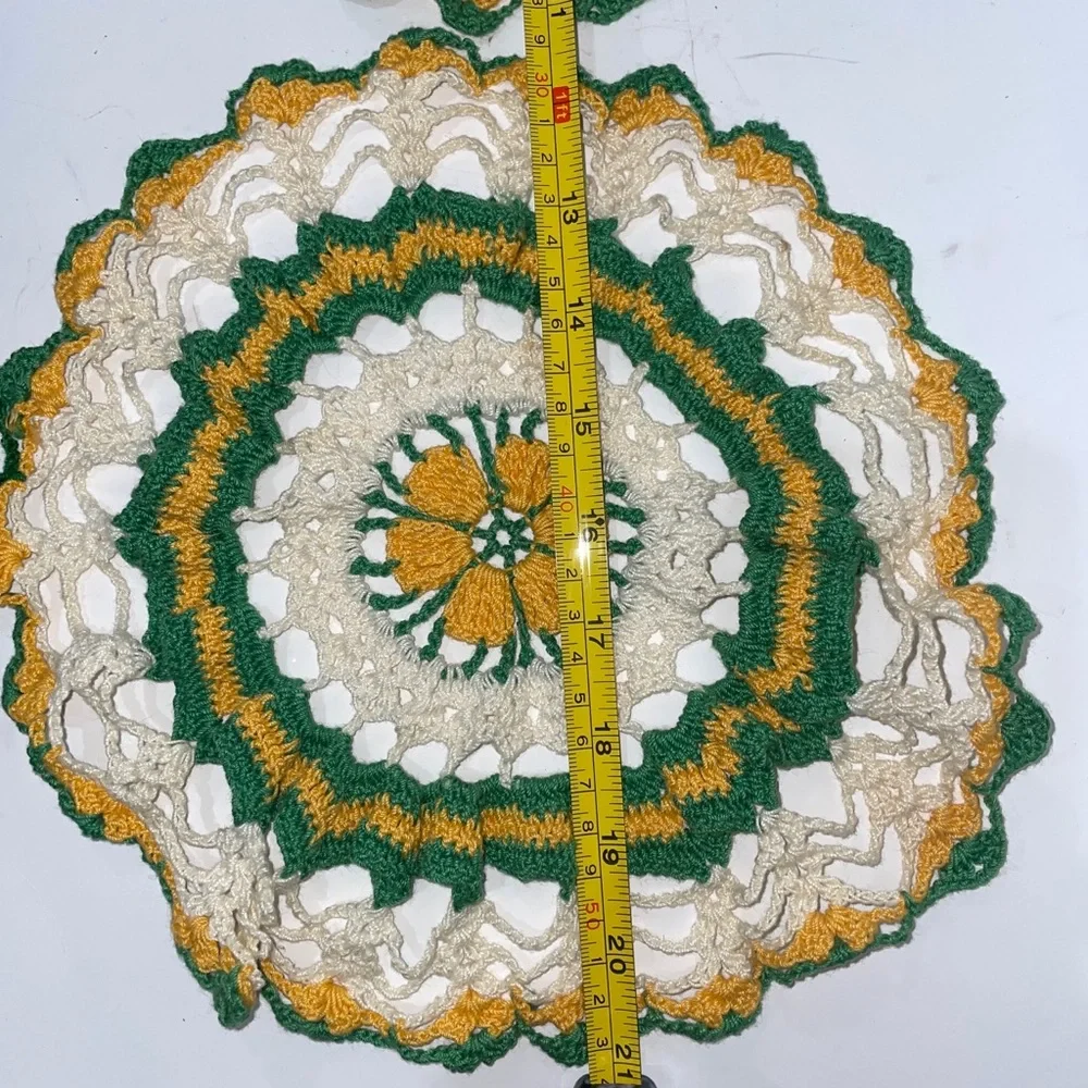 Vintage Hand Crocheted Green/white/Gold 10” Round Estate Find